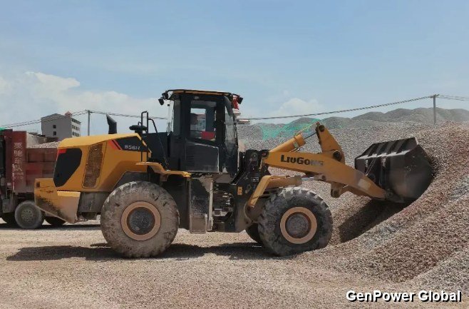 LiuGong 856H wheel loader loading gravel at our yard — working photo