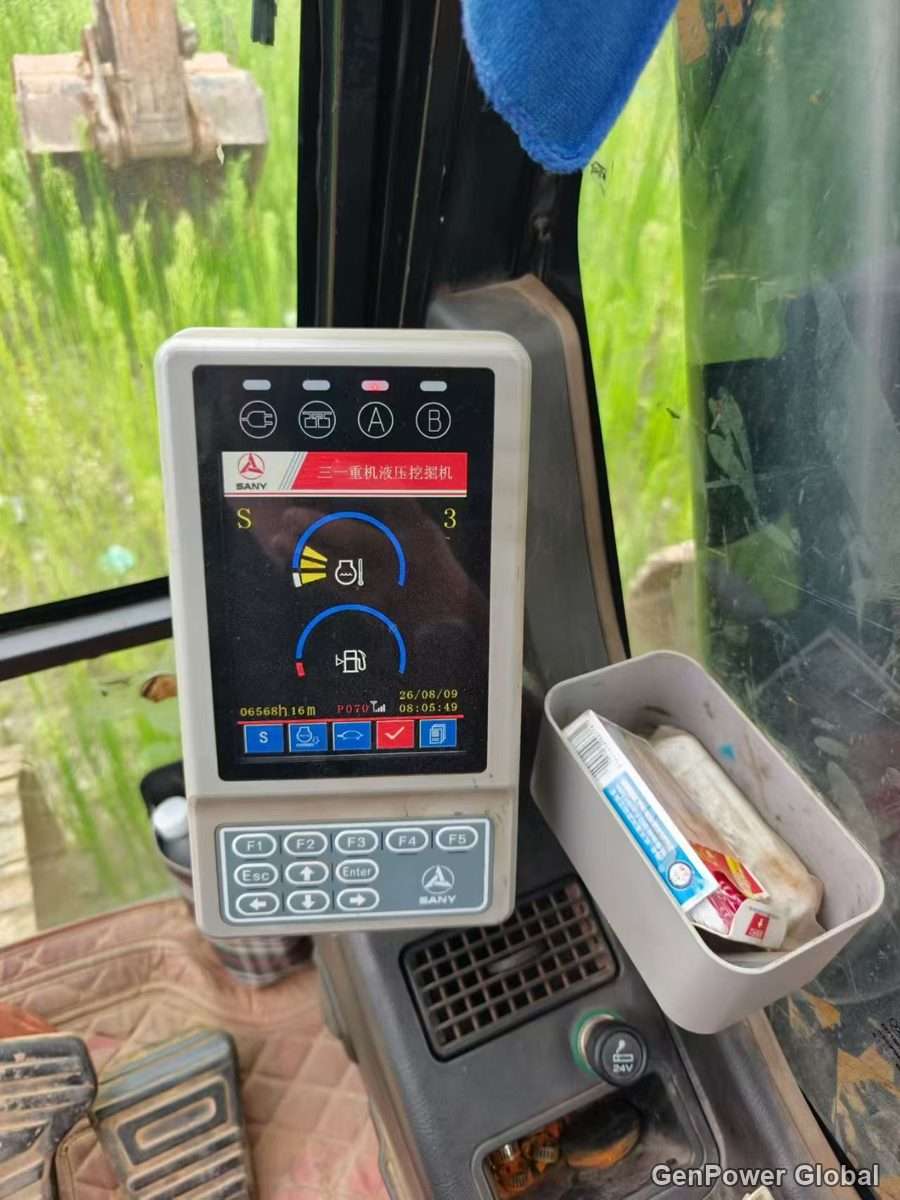 Used SANY SY225H excavator at GenPower Global yard - Hebei, China, monitor showing 6568 hours